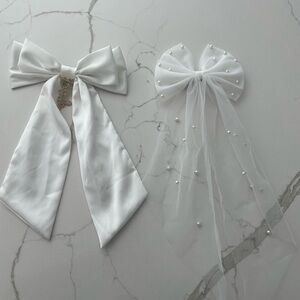 White Bow Hair Accessories - Bride and Pearl